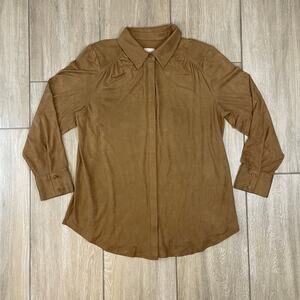 Chico’s 1 (M) Tan Faux Suede Button Down Shirt Blouse Stretch Soft Long Sleeve